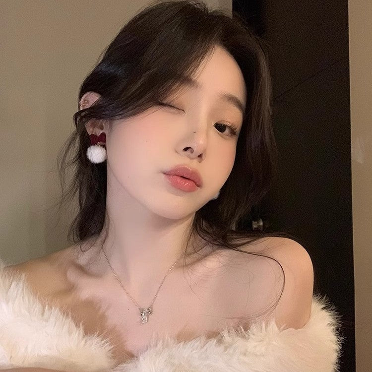 Wholesale Red Bow Plush Fluffy Ball Pendant Earrings