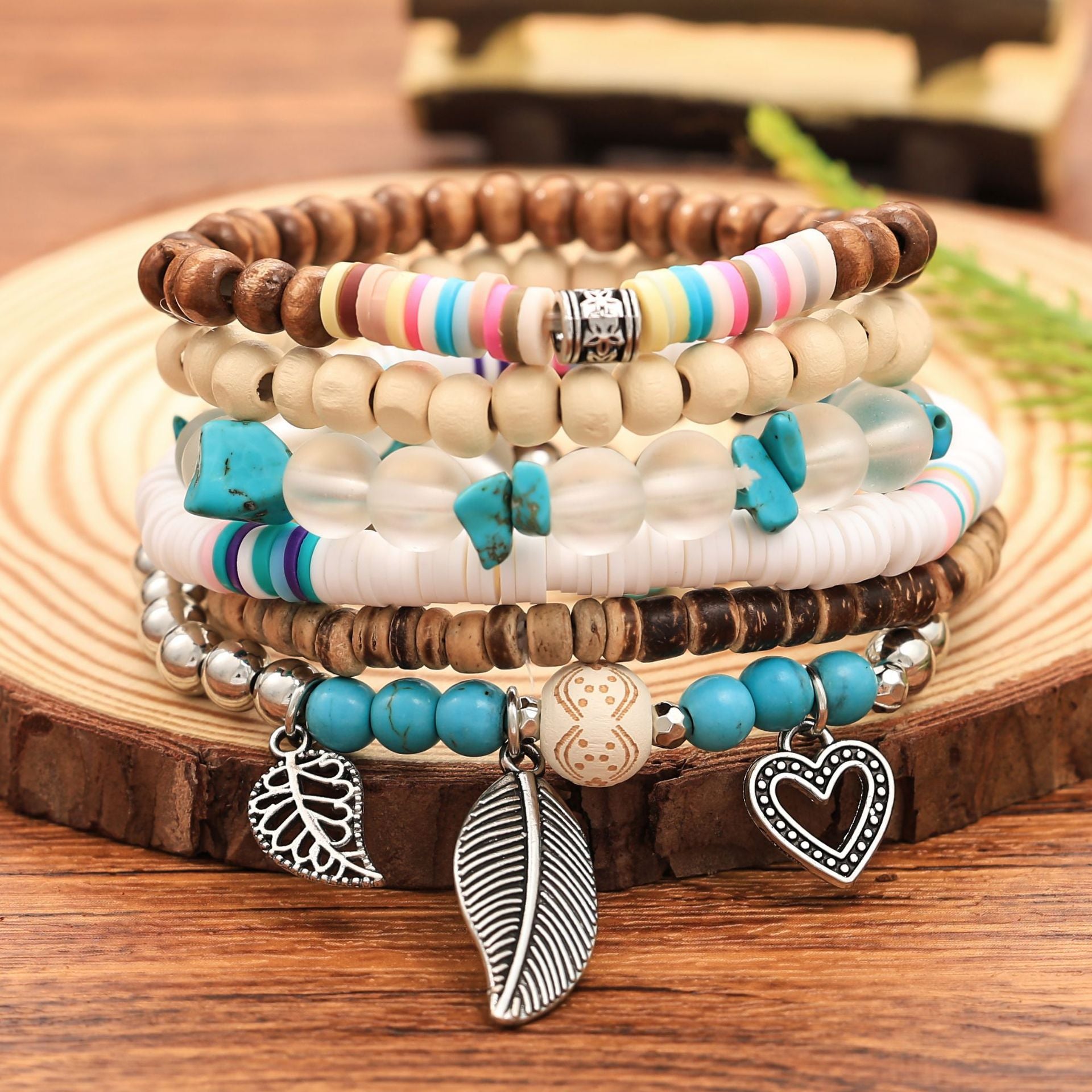 Wholesale Bohemian  Shell Wood Beads Beaded Soft y Pearl Stone Leather Bracelet
