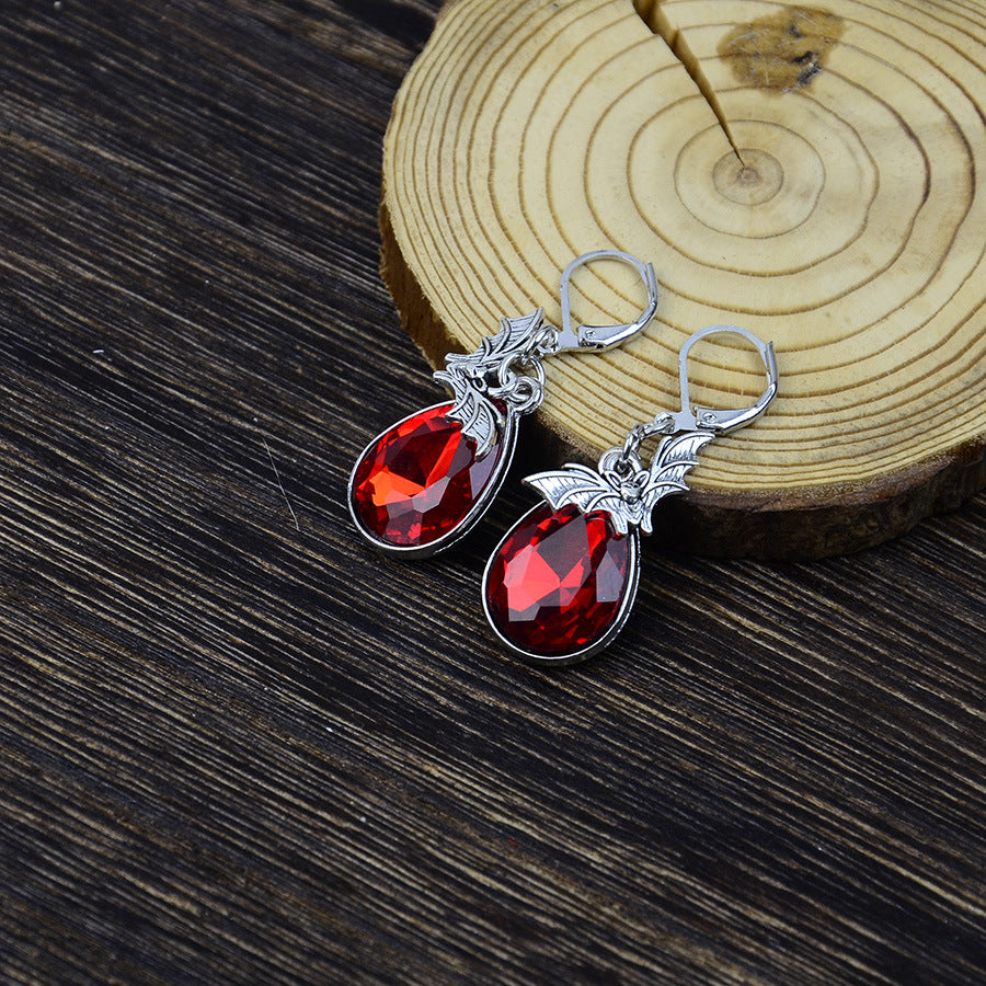 Wholesale Gothic Bat Earrings Red Black Gemstone Drop Pendant  Party Jewelry Accessory Gift