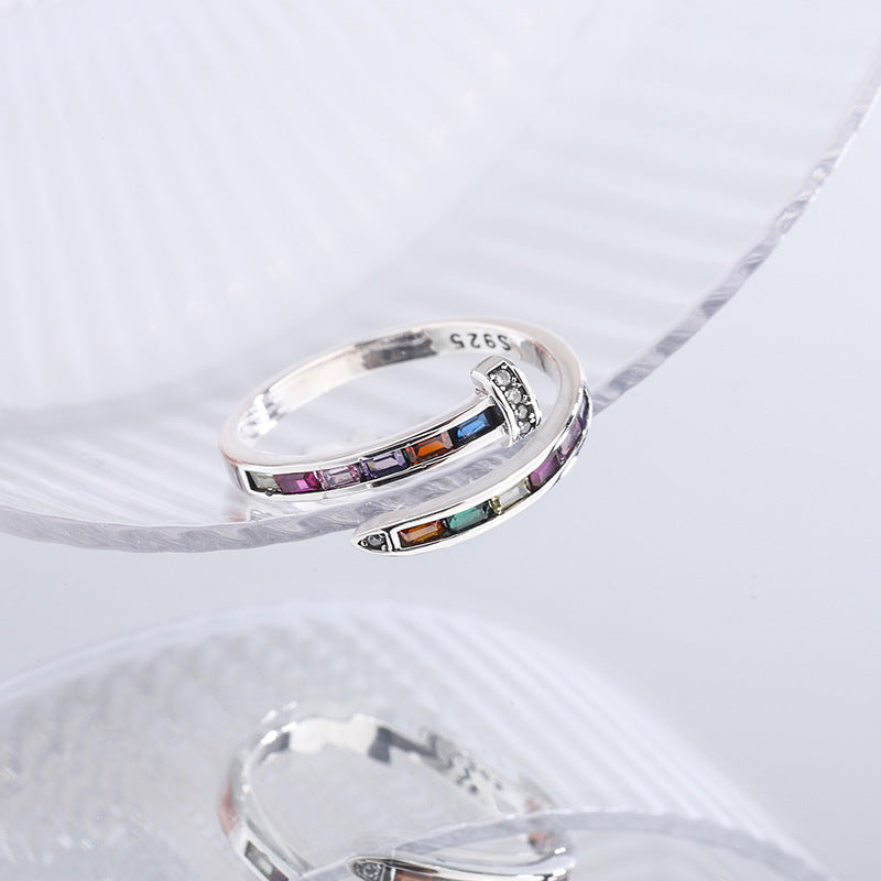 Wholesale s925 Sterling Silver Rainbow Drill Nail Ring