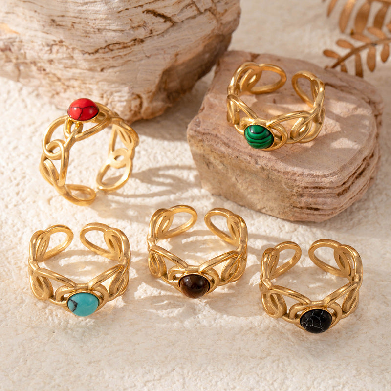 Wholesale  titanium steel light luxury   line wide  turquoise opening adjustable ring