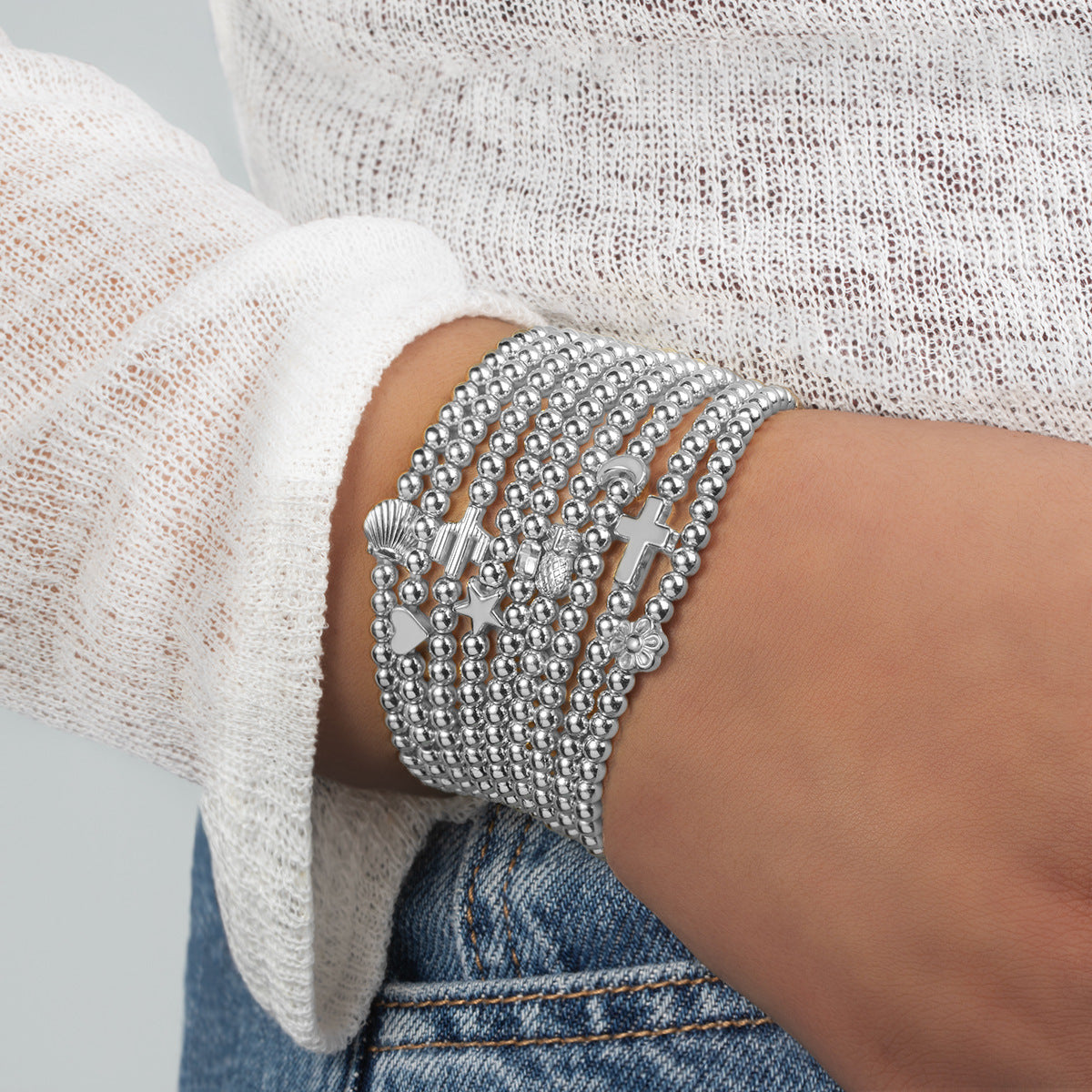 Wholesale  Turquoise Cross Pearl Beaded Elastic Ladies Bracelet