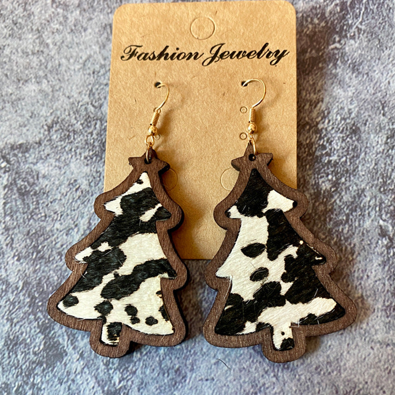 Wholesale Western Christmas wooden earrings Bohemian leather horse hair inlaid leather earrings