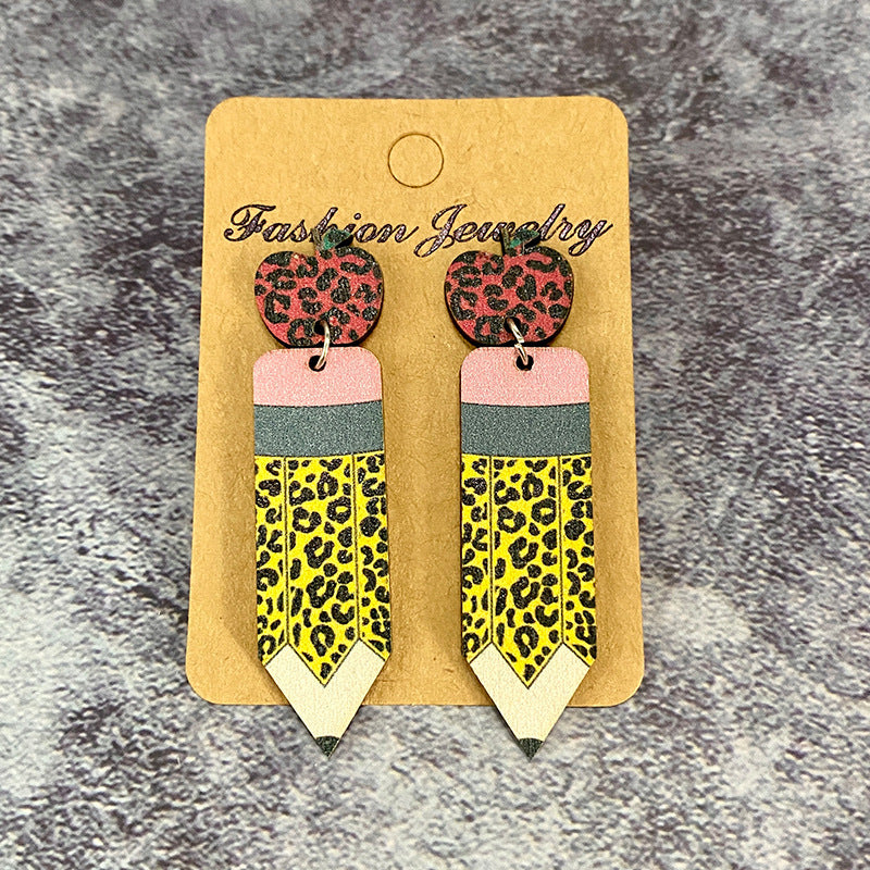 Wholesale Teacher Wood Earrings Leopard Pencil Apple Stitching Earrings