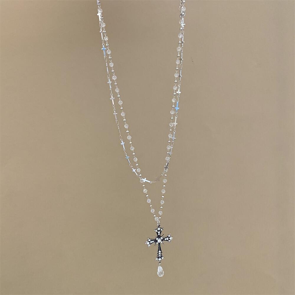 Wholesale Electroplated Zinc Alloy Dark Cross Pendant Layered Necklace For Women Trendy Gothic Fashion Accessory Boutique Resale Jewelry