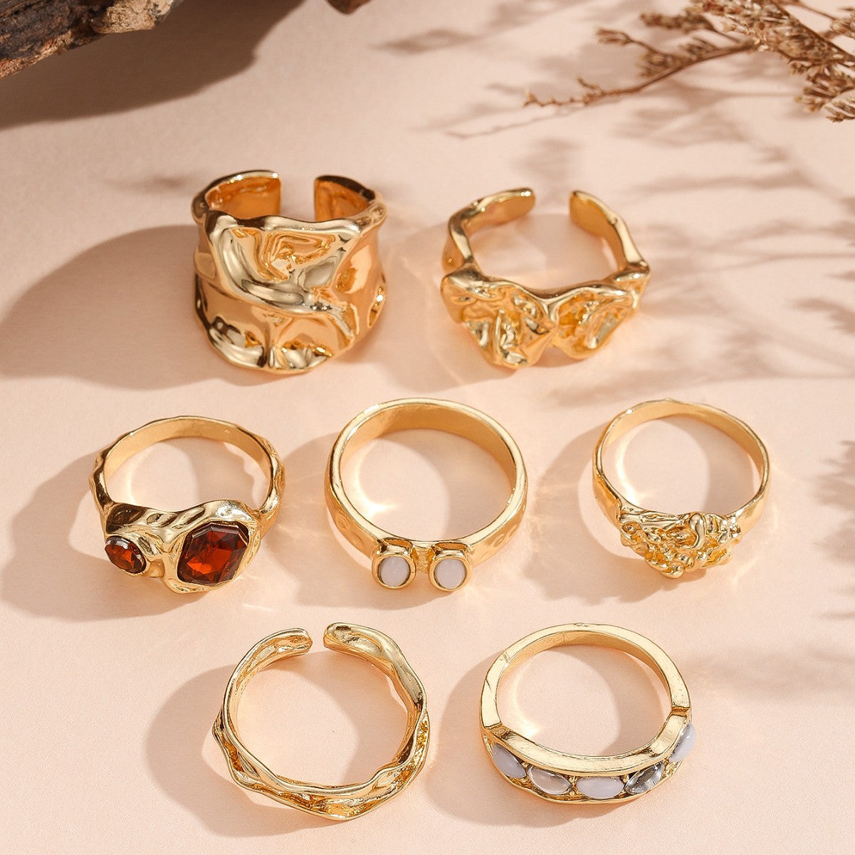 Wholesale Liquid Lava Irregular Moonstone Ring Set 7 Piece Gold Geometric Jewelry Accessory Boutique Gift For Everyday Wear
