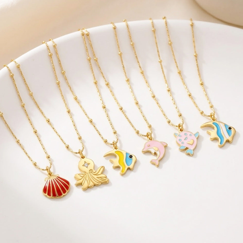 Wholesale Ocean Style Titanium Steel   Enamel Sea Turtle and Starfish Necklace