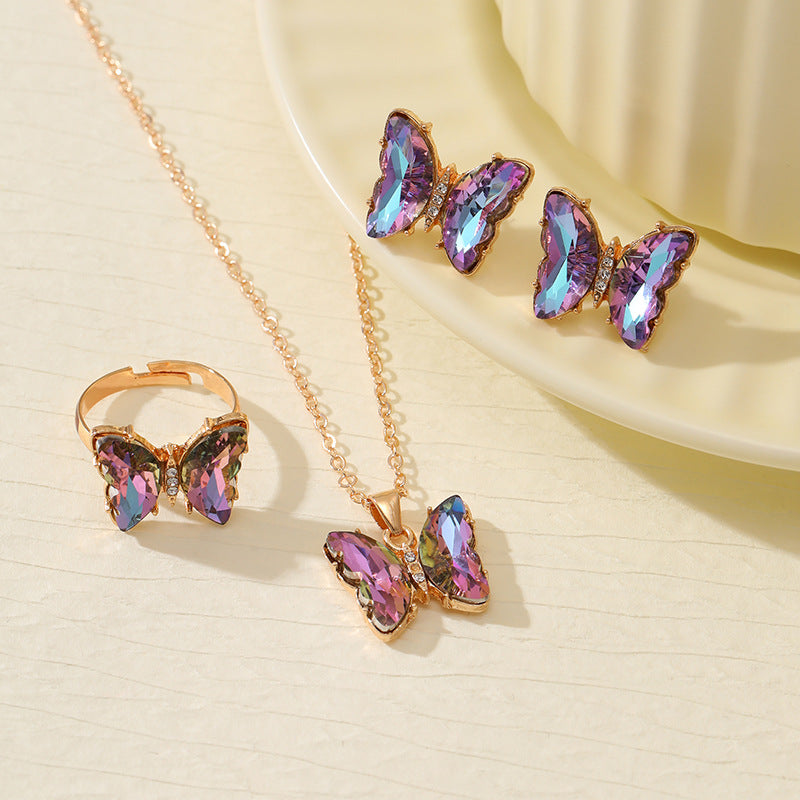 Wholesale Colorful Inlaid 3-piece Earrings Necklace Ring Butterfly Diamond Necklace ACC-RS-YunJin003