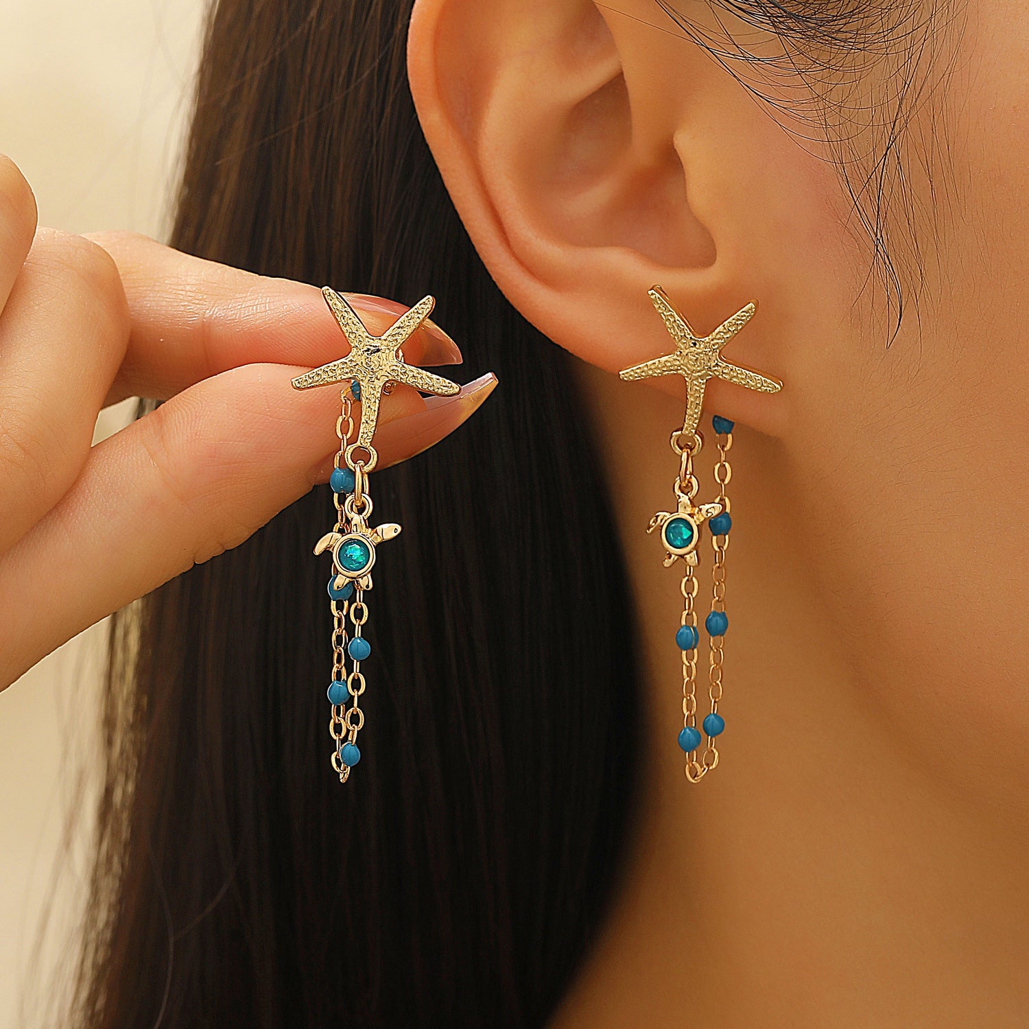 Wholesale Ocean Themed Luxury Star and Turtle Beaded Tassel Earrings