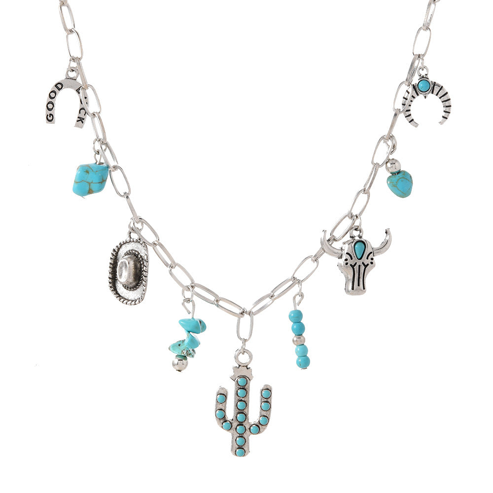 Wholesale Cowboy Hat Turquoise Multi-Alloy Clavicle Chain Geometric 2-Piece Bracelet +  Necklace Set