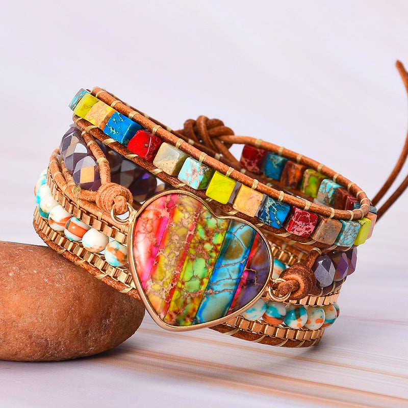 Wholesale Romantic 7 Colors Imperial Stone Leather Wrap Heart Bracelet