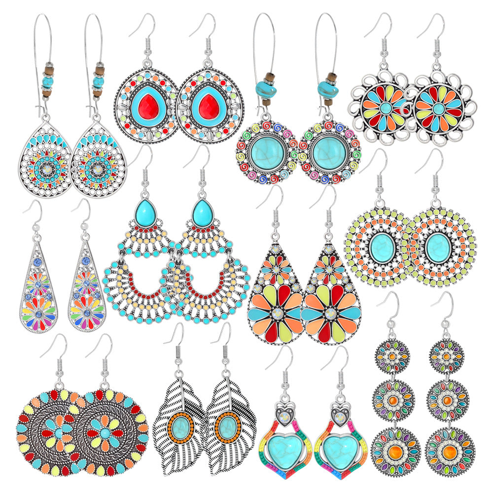 Wholesale Alloy Bohemian Hook Earrings Retro Ethnic Turquoise Oil-Drip Style for Women Gift Boutique Resale