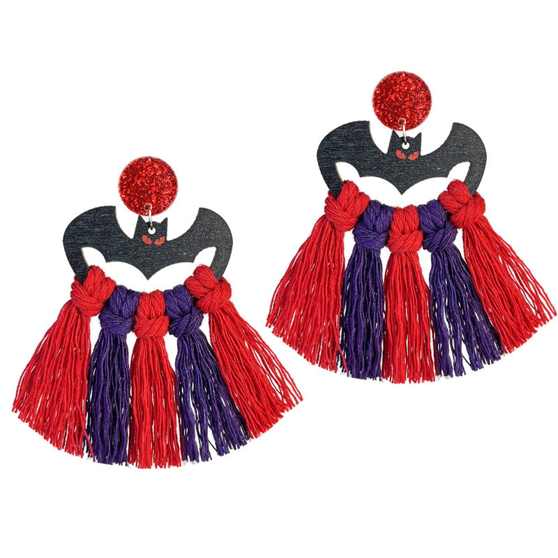 Wholesale 2 Pairs/pack Halloween Hand-woven Pumpkin Bat Ghost Spider Wood Earrings ACC-ES-HY142