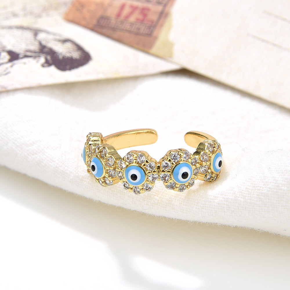 Wholesale 18K gold-plated zircon oil-drop colored devil' s eye open ring
