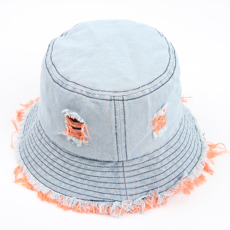 Wholesale  Colorful Ripped Edge Denim Fisherman Hat Bucket Hat