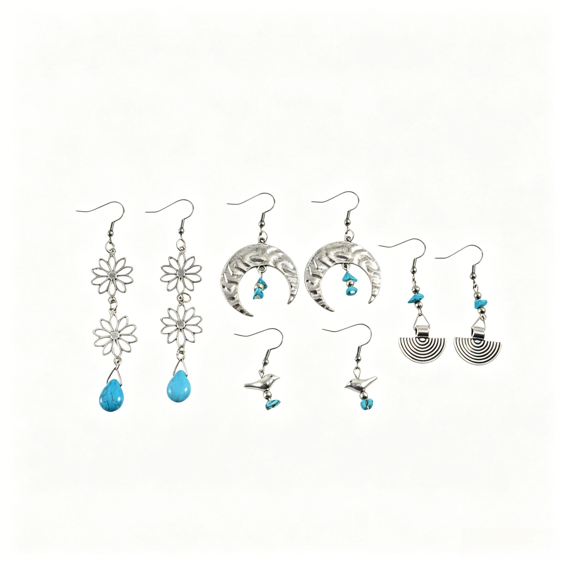 Wholesale Zinc Alloy Bohemian Moon Drop Earrings Hollow Flower Turquoise Inlay For Women Everyday Wear