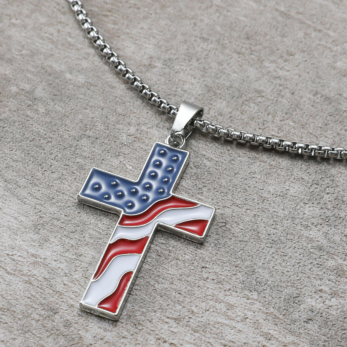 Wholesale Independence Day American Flag Cross Oil Drop Pendant Unisex Necklace
