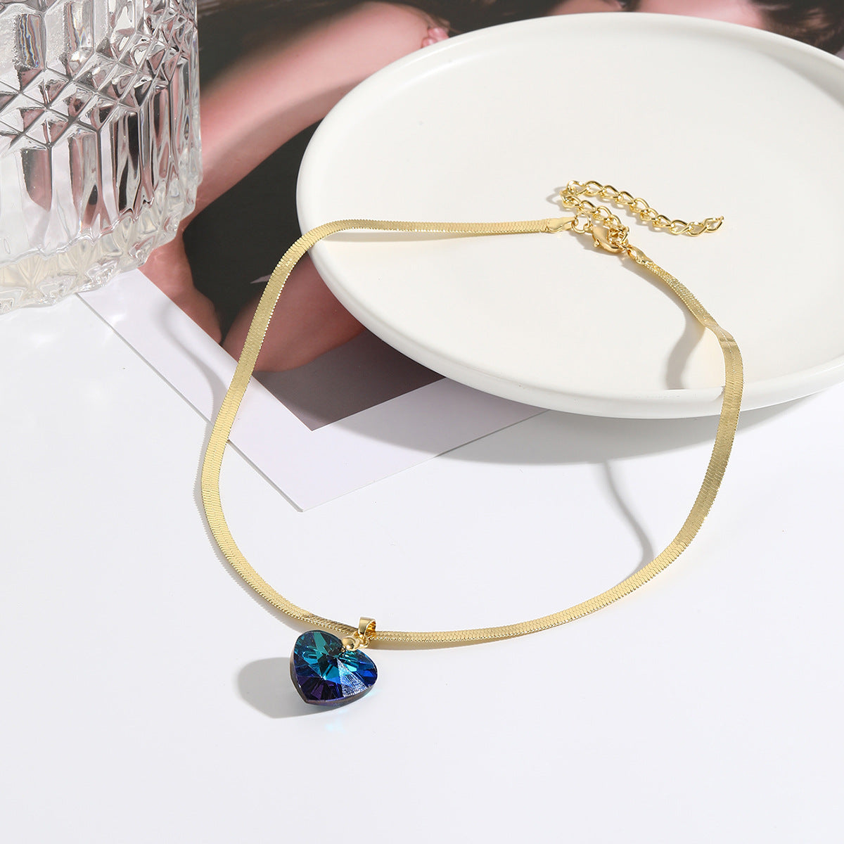 Wholesale Colorful Crystal Pendant Love Necklace Flat Snake Bone Chain ACC-NE-ManYi009