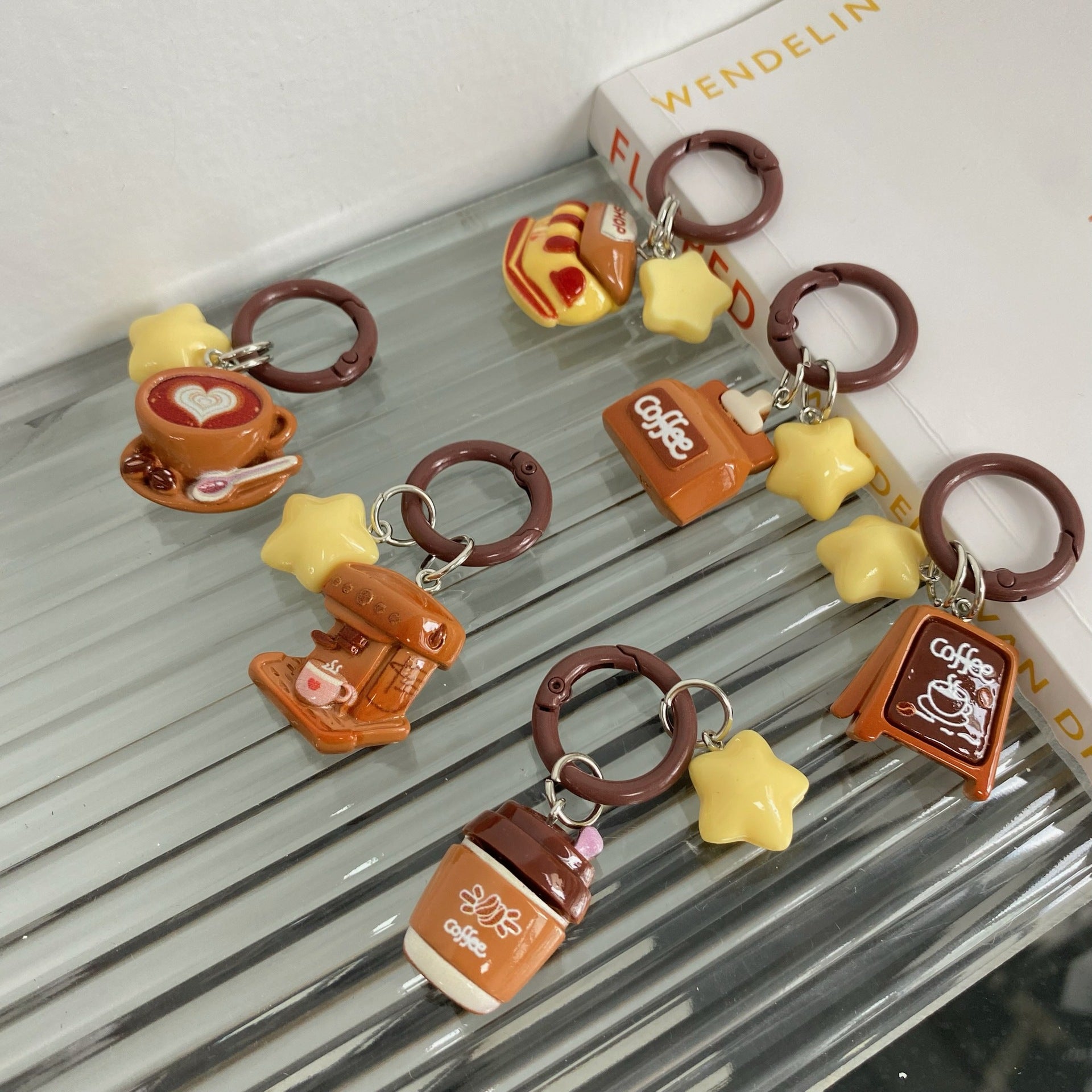 Wholesale Lovely Coffee Shop Star Keychain Resin Pendant Cute Bag Charm Boutique Accessory for Girls