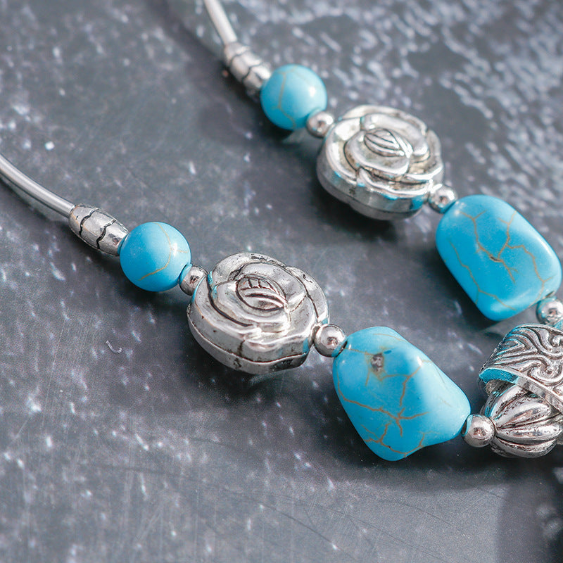 Wholesale Silver-Tone Alloy Vintage Ethnic Hollowed Turquoise Pendant Necklace,  Jewelry Accessory