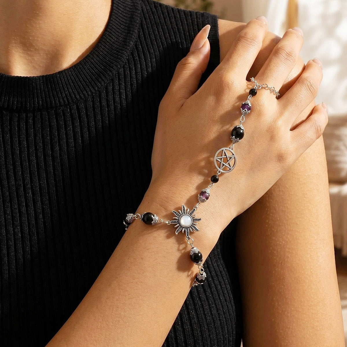 Wholesale Gothic Dark Subculture Pentagram Sun Moonstone Finger Bracelet Boutique Resale Gift