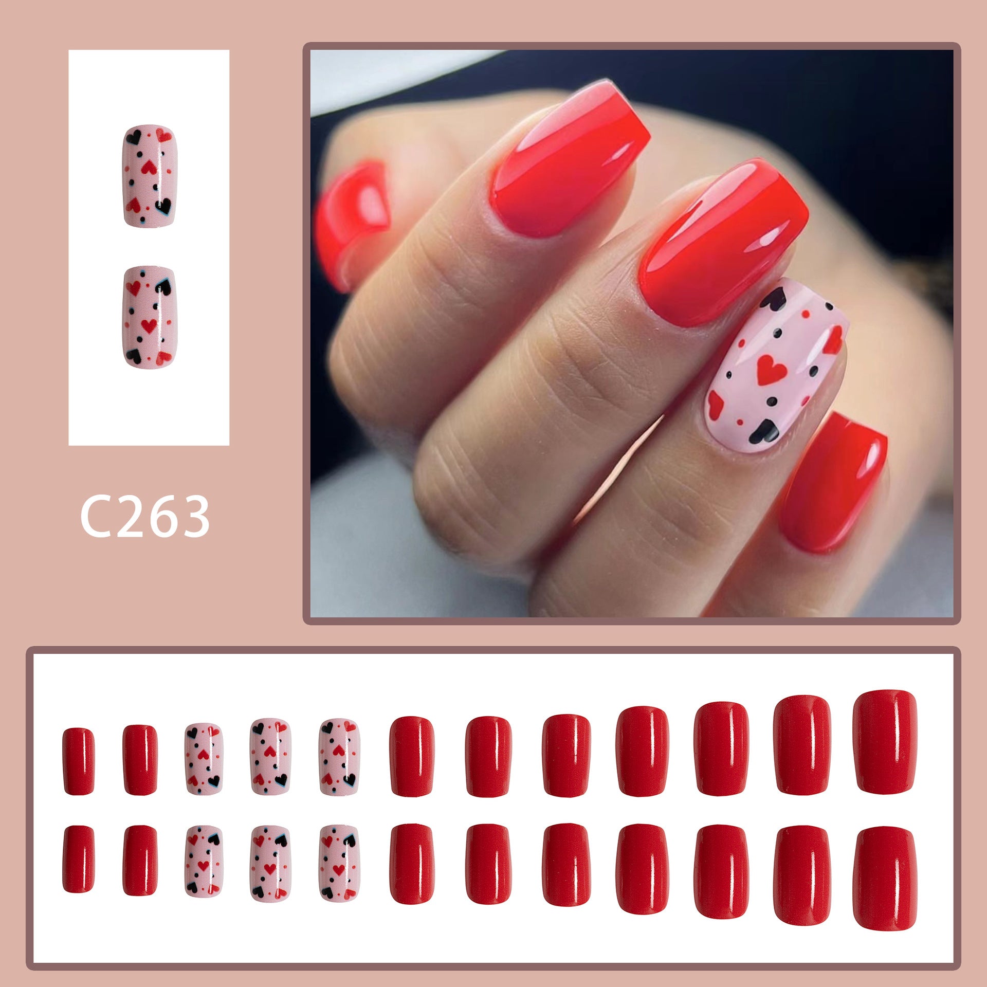 Wholesale 24 Pieces/box Valentine's Day Glossy Black and Red Heart Manicure Press-on Nails Kits Nail Stickers ACC-NS-GuaiXL052