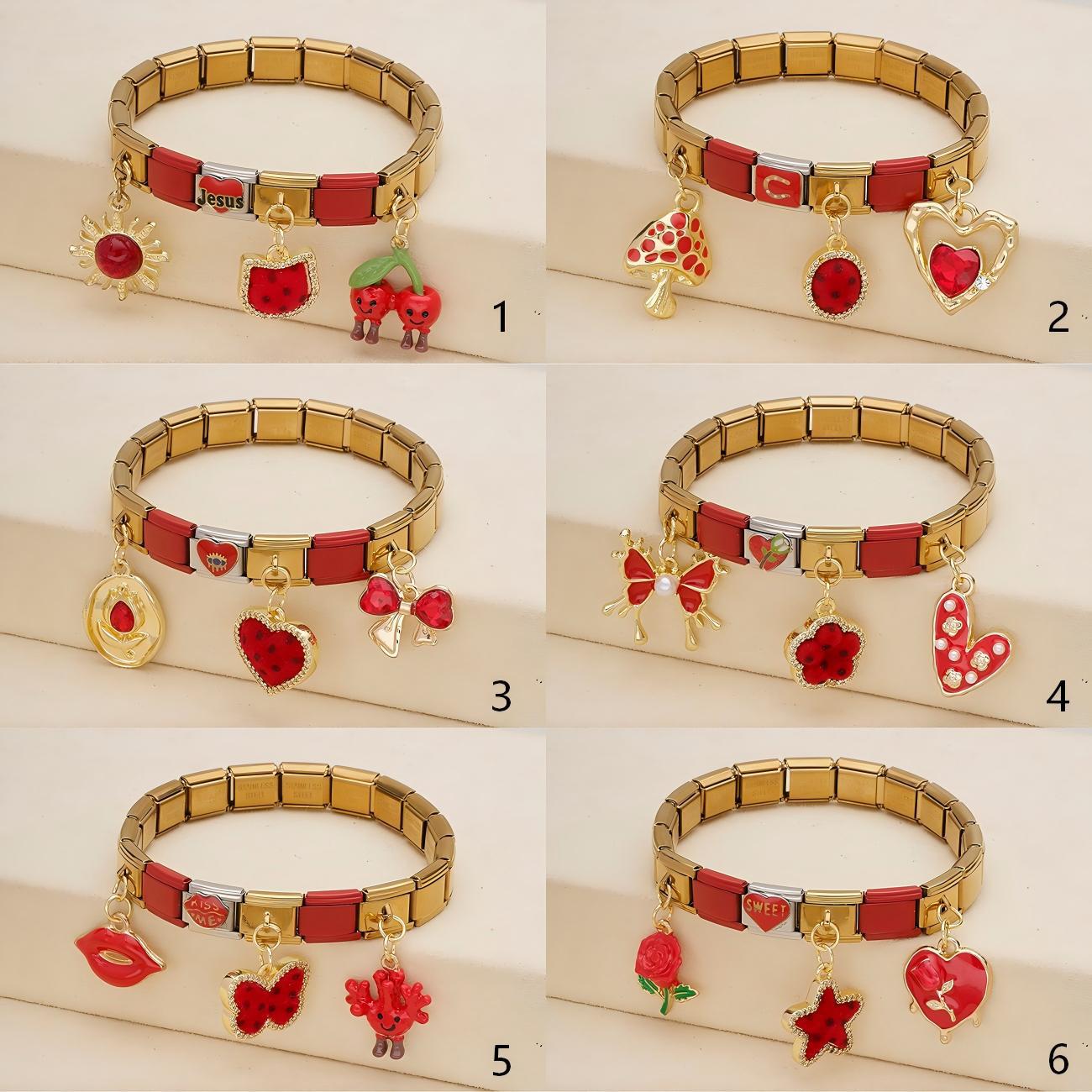 Wholesale Electroplated Stainless Steel Vintage Red Gold Heart Mushroom Cherry Butterfly Bracelet Charms DIY Jewelry Making Accessory