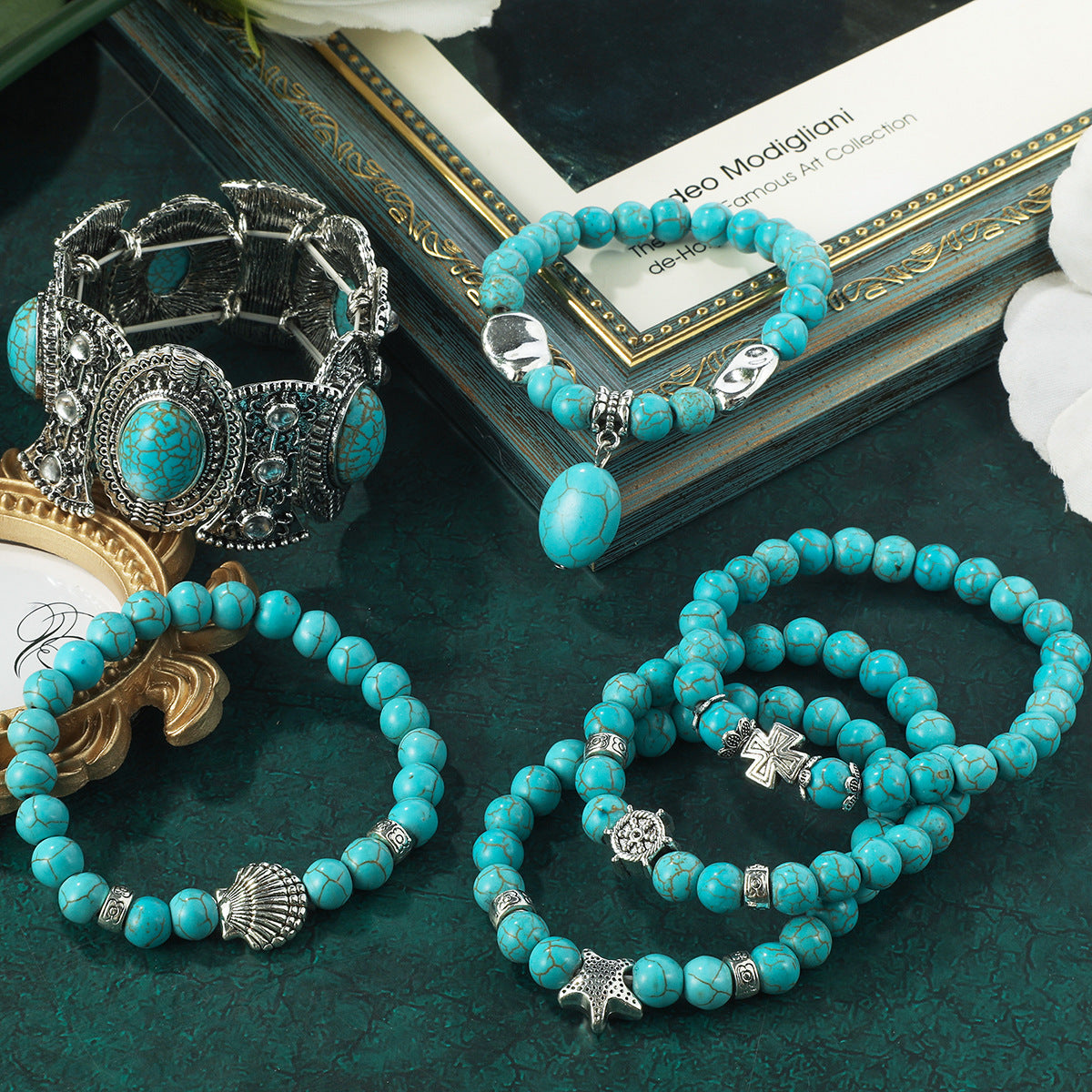 Wholesale Retro Turquoise Beaded Bracelet Set,  Trendy Fashion Accessory for Resale