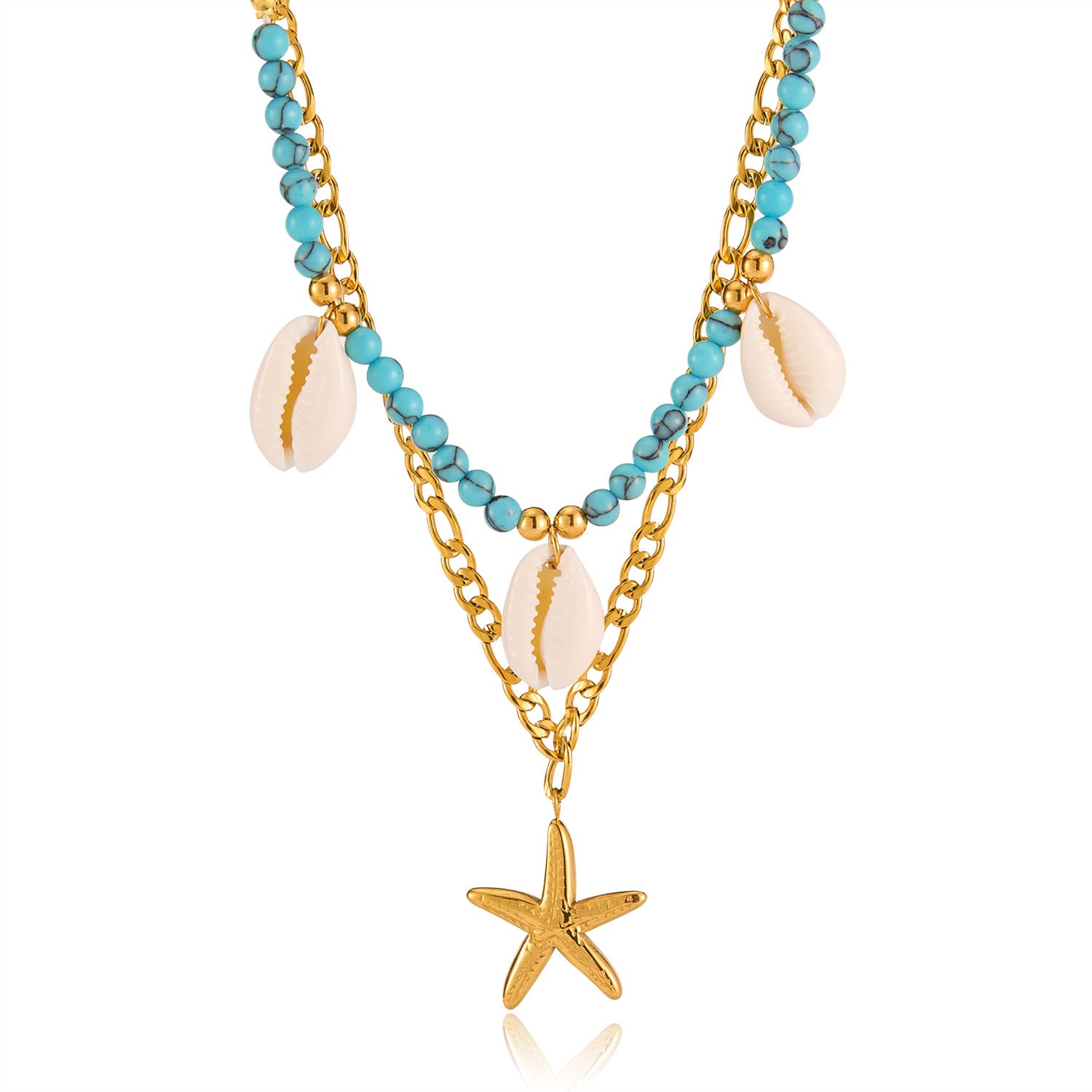 Wholesale  Titanium Starfish Shell Necklace Blue Turquoise Bead  Double Layer Clavicle Chain