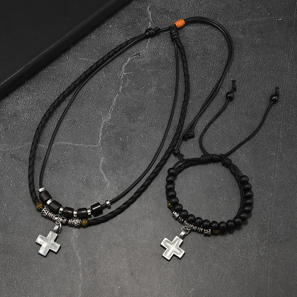 Wholesale Vintage Alloy Cross Wax Rope Sweater Chain Necklace Set