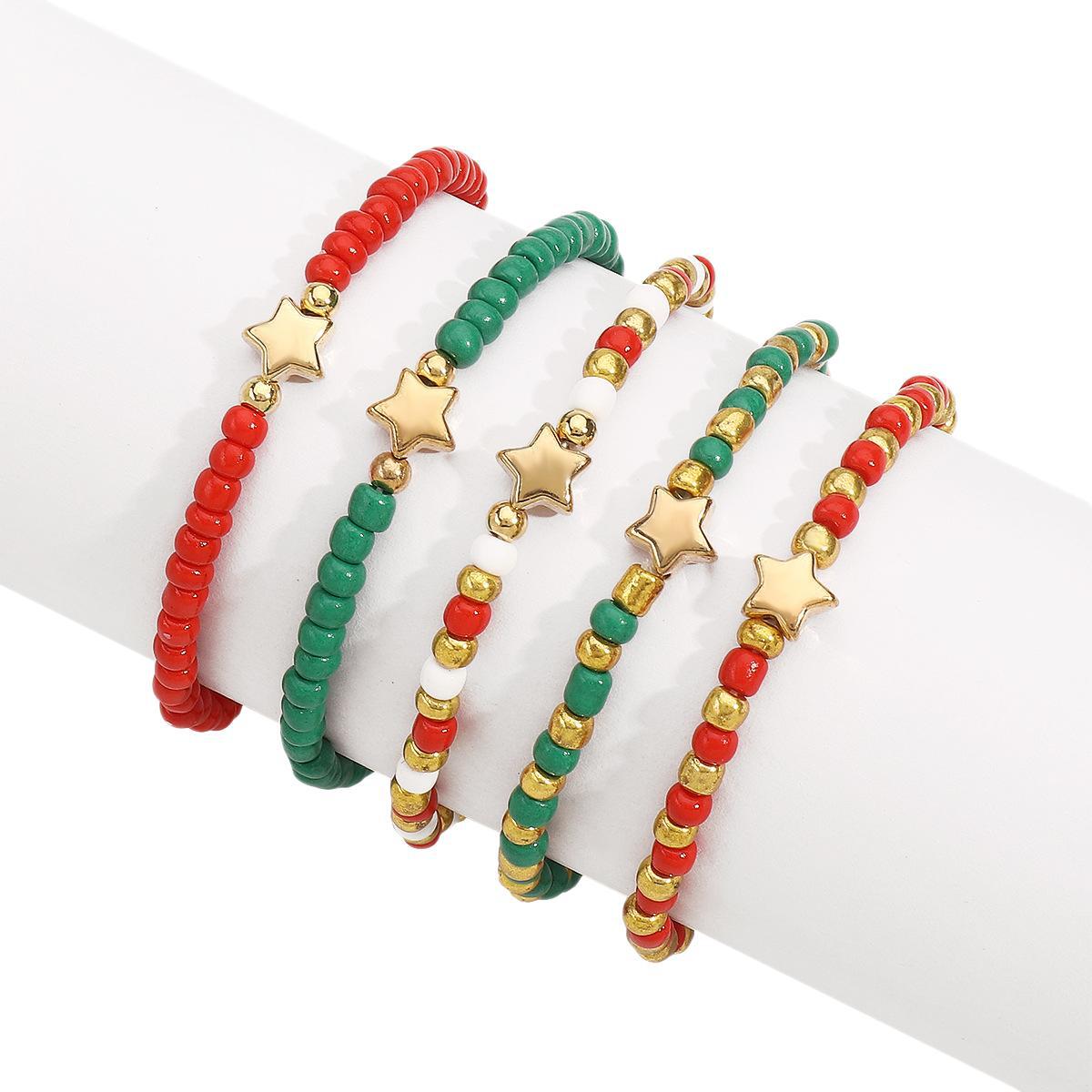 Wholesale Christmas Bracelet Multi-layer Stacked with Stars Green Red Beads Beaded Bracelet