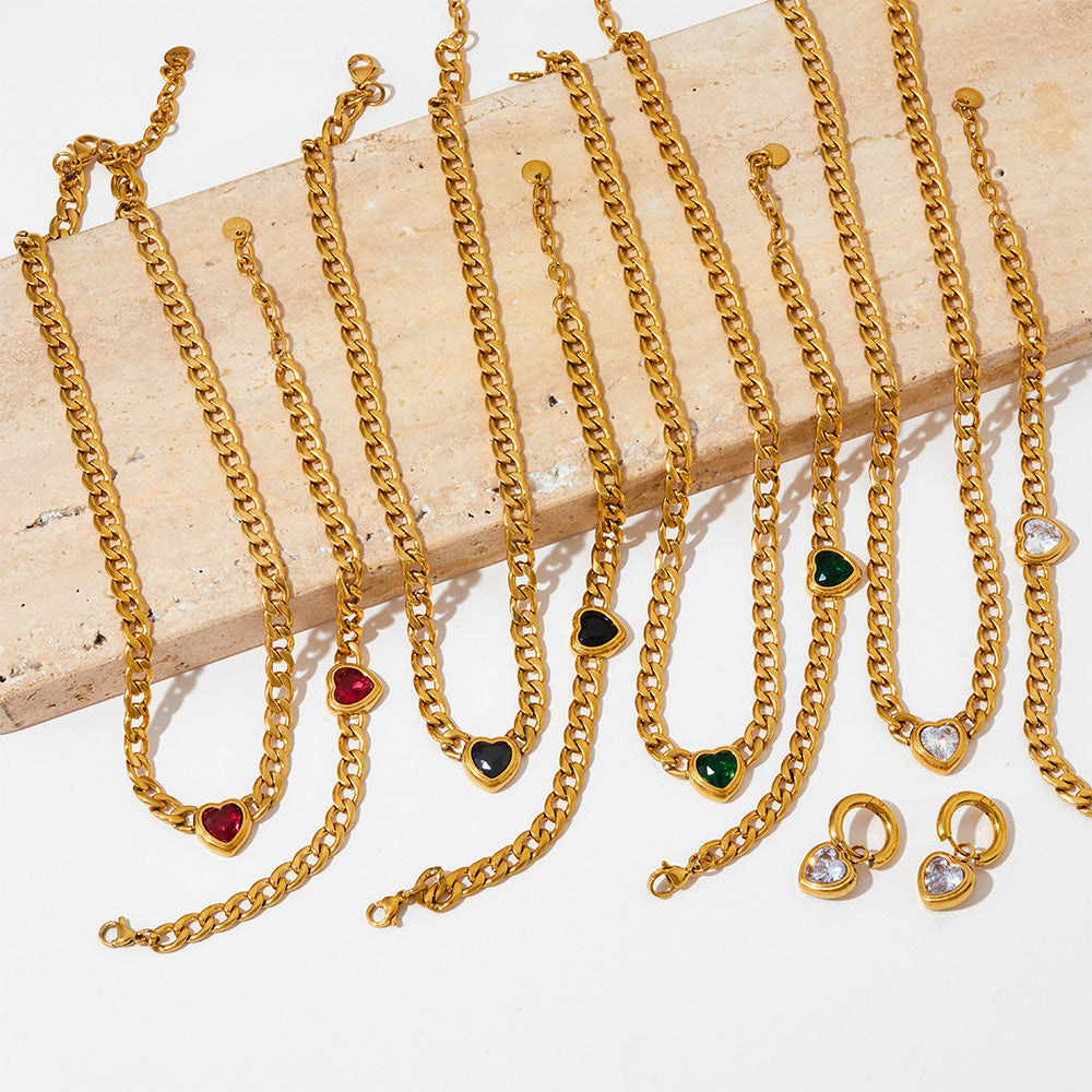 Wholesale Stainless steel heart-shaped zircon pendant necklace bracelet earrings jewelry suit