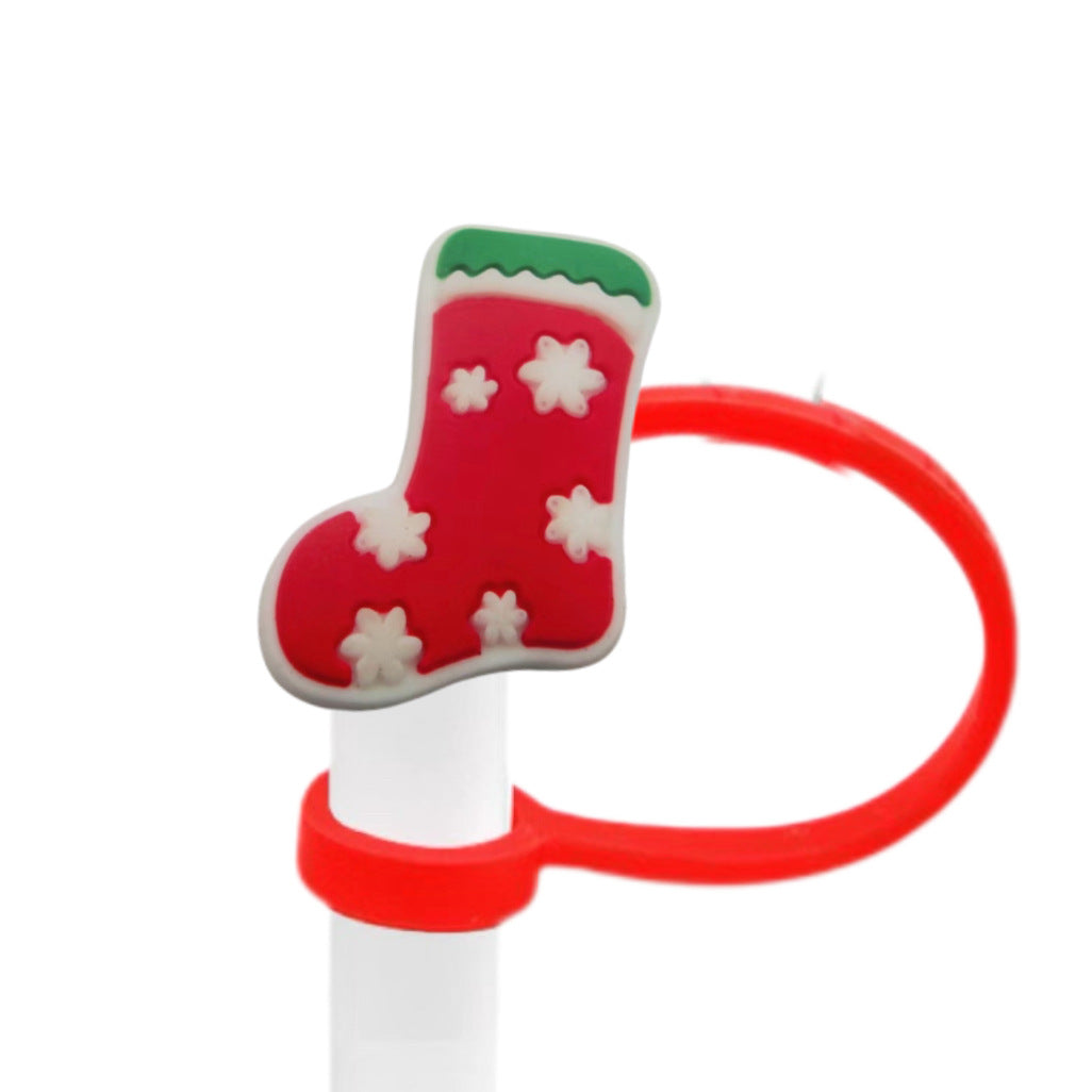 Wholesale 10pcs Christmas themed food grade silicone Straw Cover Straw Tube Cap