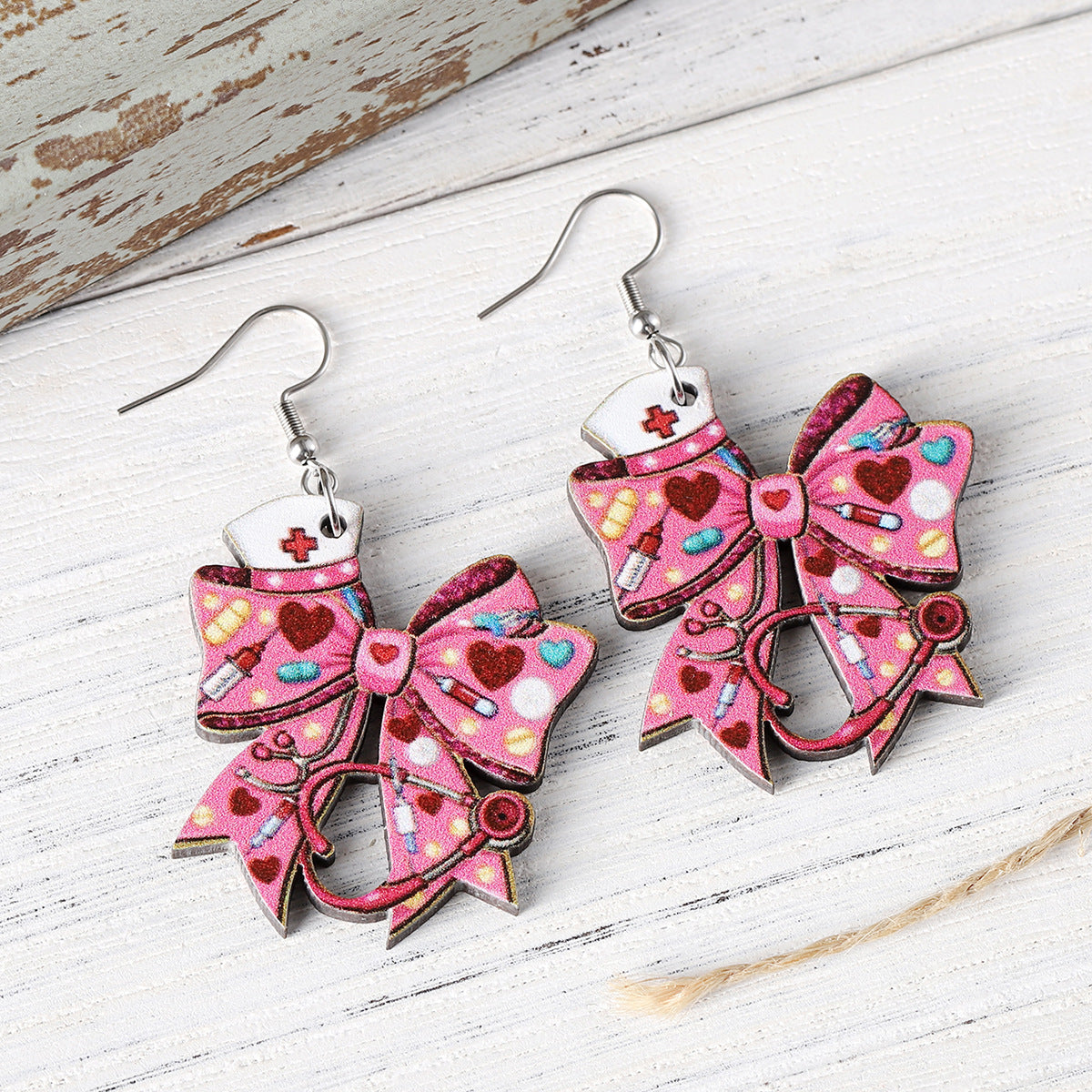 Wholesale Nurses' Day Pink Love Heart Nurse Hat Stethoscope Bow Pendant Earrings