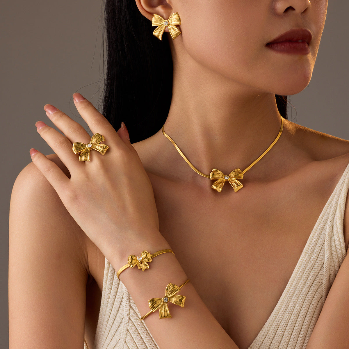 Wholesale Diamond Bow Stainless Steel Necklace  Earrings Ring suit Jewelry
