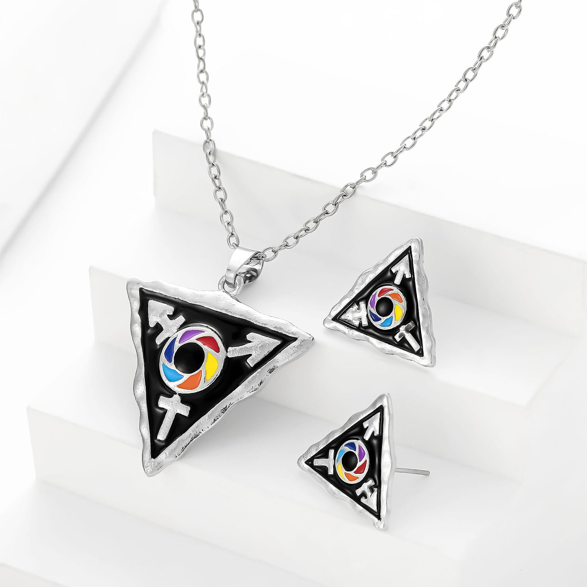 Wholesale  personality drop oil color triangle multi gender necklace earrings  suit