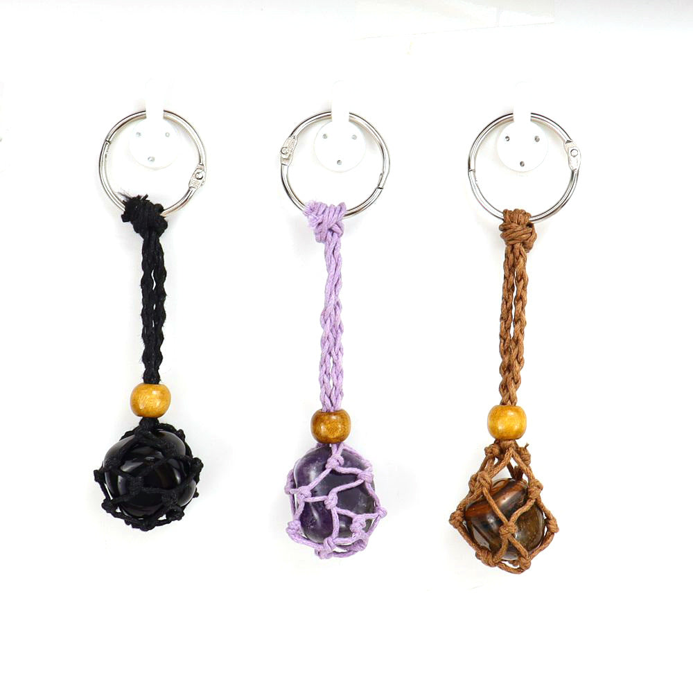Wholesale Natural Stone Crystal Handwoven Mesh Bag Keychain Adjustable Retractable Mesh Bag ACC-KC-HanX002