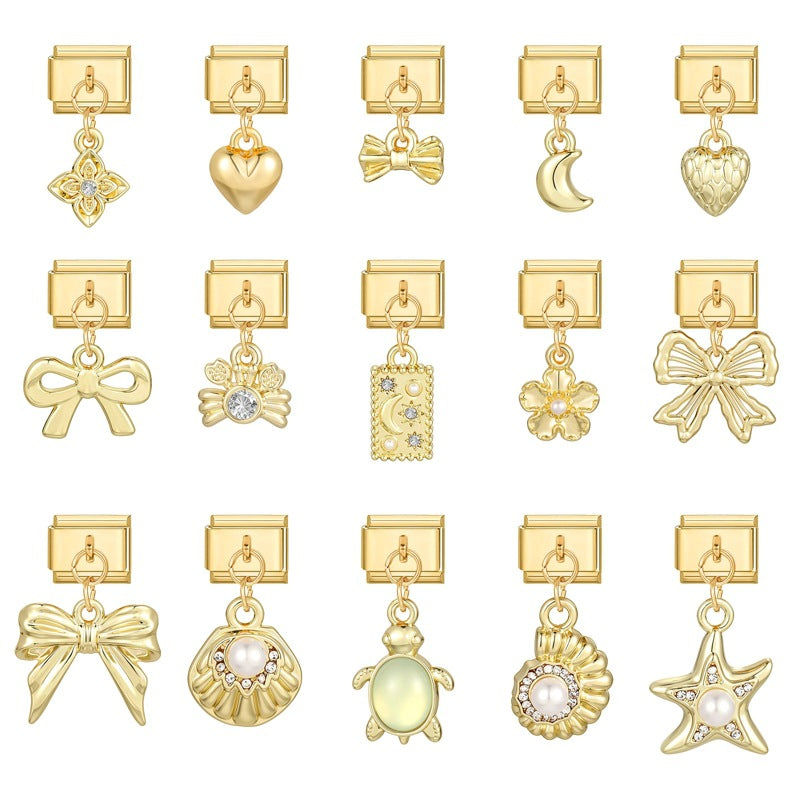 Wholesale Gold Electroplated Stainless Steel DIY Bracelet Pendant Set with Bowknot Heart Starfish Pearl Jewelry Accessory