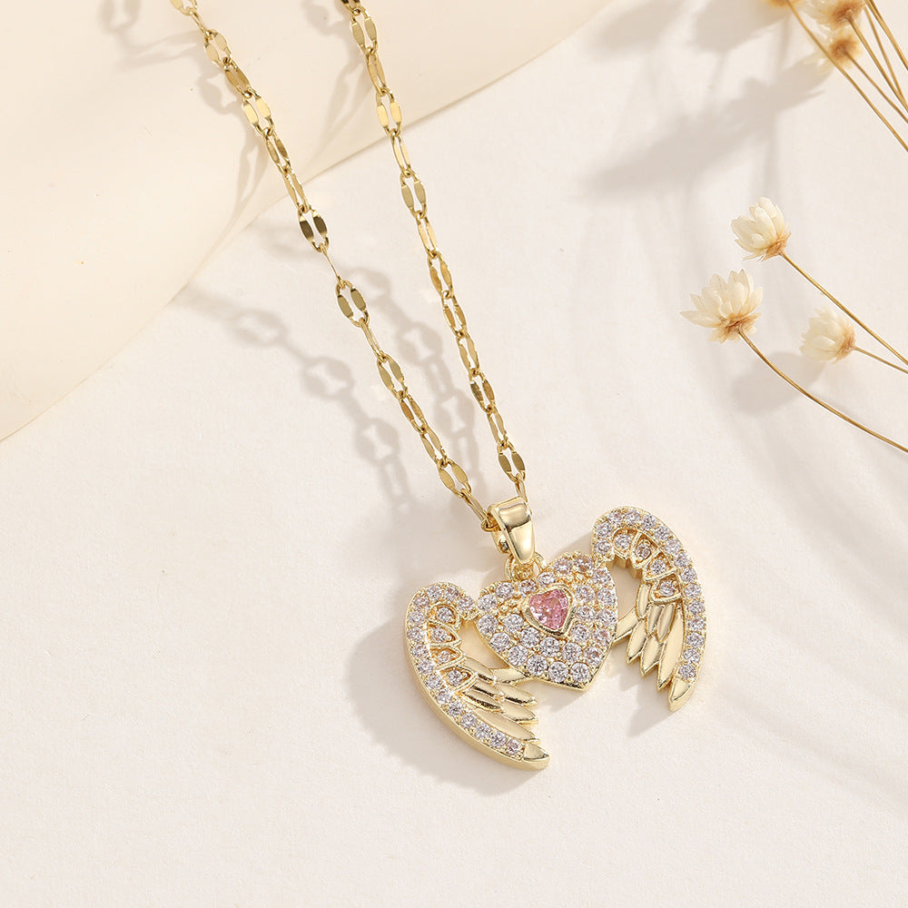 Wholesale Gold Electroplated Moissanite Angel Wing Heart Pendant Necklace For Women Everyday Fashion Jewelry