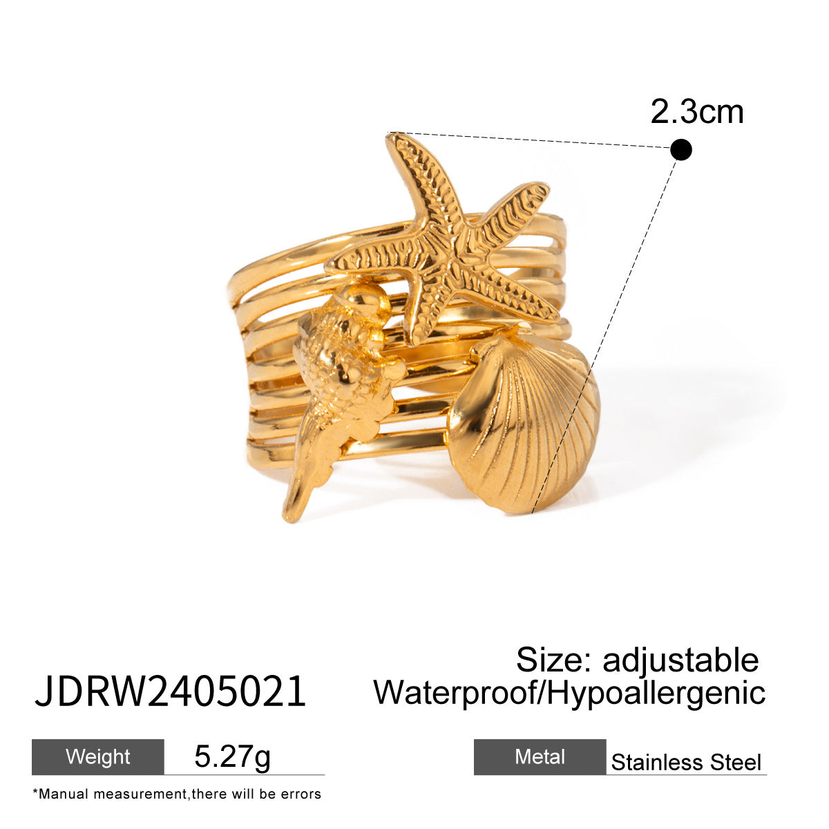 Wholesale 18k gold stainless steel starfish conch shell-shaped open ring