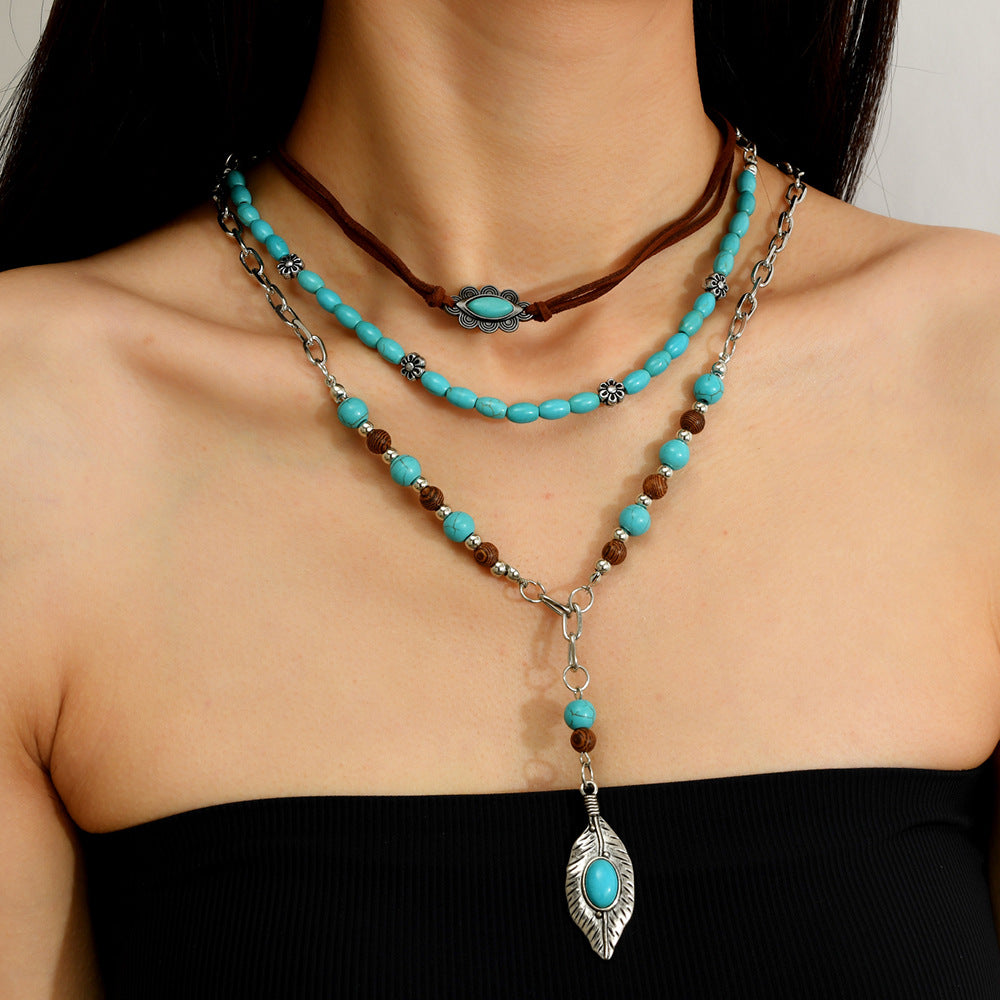 Wholesale Handmade Beaded Bohemian Turquoise Layered Necklace For Women Vintage Feather Pendant Trendy Jewelry Gift