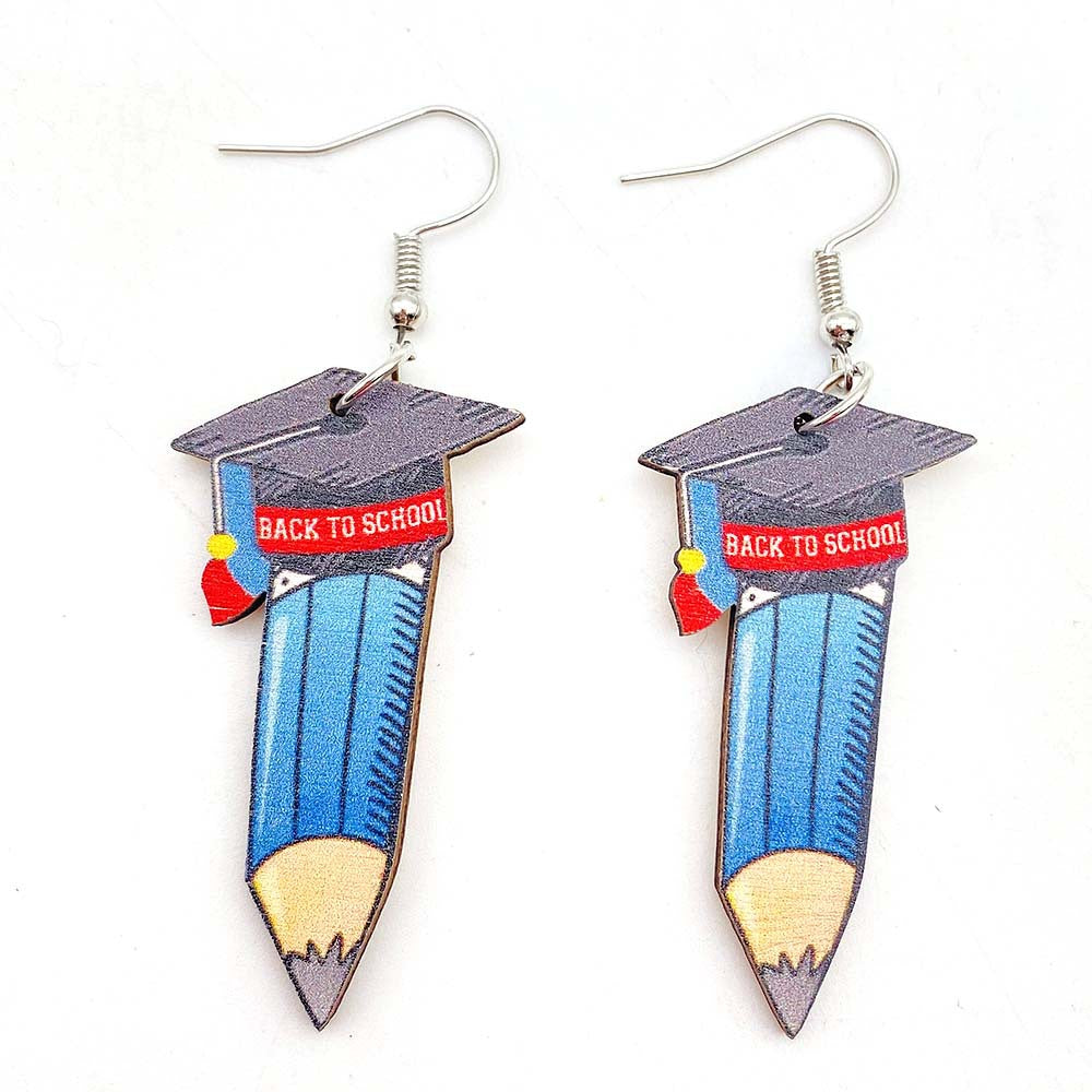 Wholesale Graduation Season Wooden Earrings Doctor Cap English Letter Pencil Book Printed Pendant Earrings