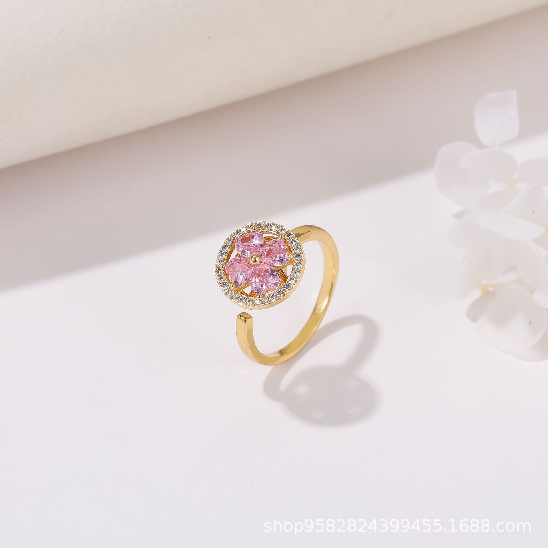 Wholesale 360° Rotating Double-Layer Flower Ring Gold Plated Zircon Fashion Accessory Boutique Gift