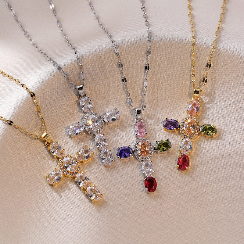 Wholesale Gold Plated Zircon Cross Pendant Necklace Korean Style Layering Collarbone Chain Trendy Jewelry Accessory For Women Gift