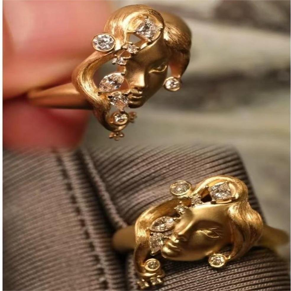 Wholesale retro portrait ring personality niche design diamond mask face food ring