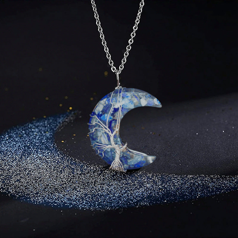 Wholesale Boutique Wire Wrapped Crescent Moon Tree Of Life Amethyst Crystal Necklace Jewelry Accessory