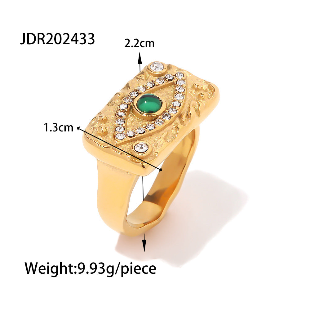 Wholesale 18K Gold Inlaid Zircon Green Malachite Lava Square Devil Eye Ring Stainless Steel Gold Plated Rings ACC-RS-JieDing004