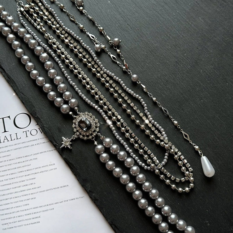 Wholesale Silver Grey Multi-layer Stacked Pearl Necklace