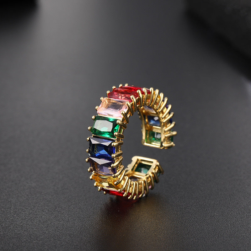 Wholesale Stylish Rainbow Zirconia Open Adjustable Ring Gold Tone Copper Electroplated For Unisex Fashion Jewelry Accessory