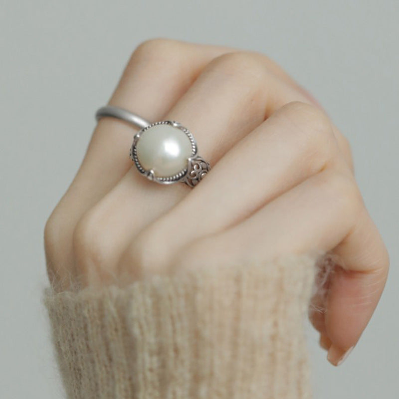 Wholesale S925 Sterling Silver Pearl Hollow Adjustable Ring